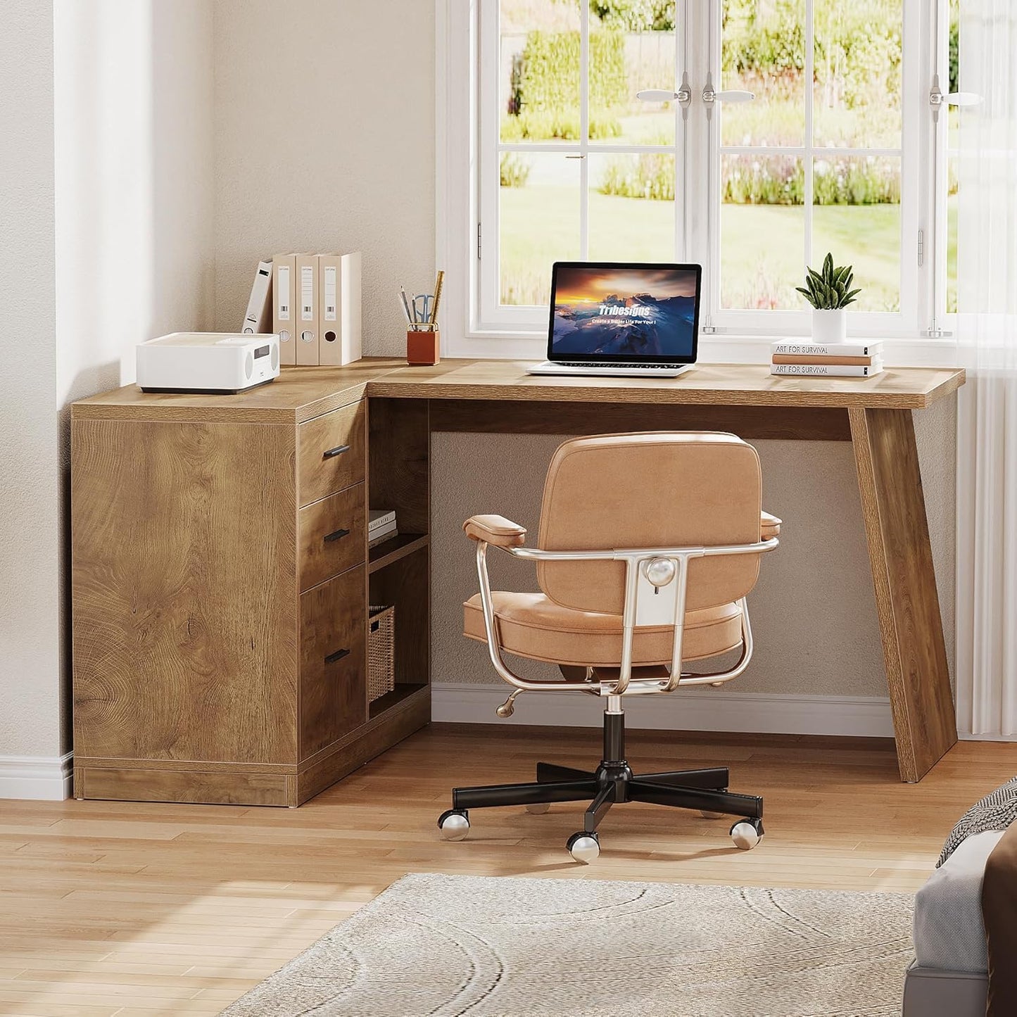 Tribesigns 55-Inch L Shaped Computer Desk with 3 Drawers, Corner Home Office Desk with Storage Shelves, Farmhouse Wood Executive Desk for Work Writing Sturdy, Gaming, Brown