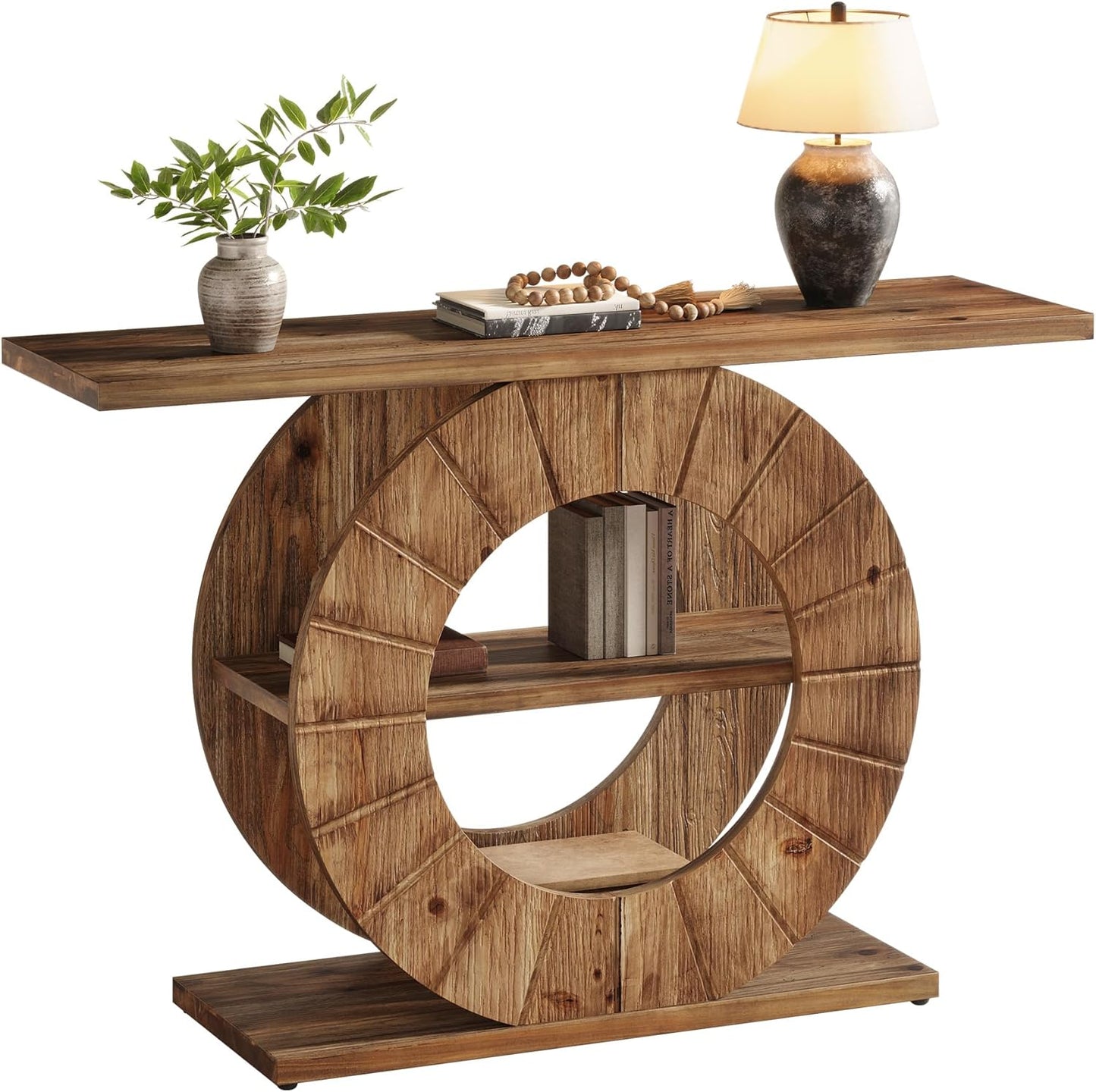 41" Solid Wood Console Table with Storage, Farmhouse Sofa Table with 3-Tier Shelves & Carved Circle Base for Living Room, Hallway, Foyer, Rustic Brown
