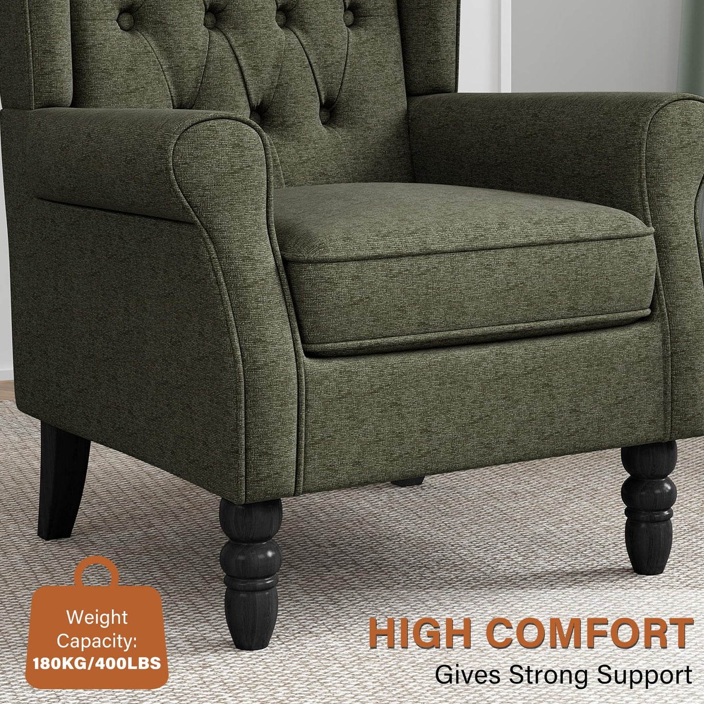 Faux Leather Wingback Chairs Set of 2, High Back Accent Chair for Living Room, Button-Tufted Upholstered Armchair with Solid Wood Legs, Comfy Reading Chair for Bedroom, Brown