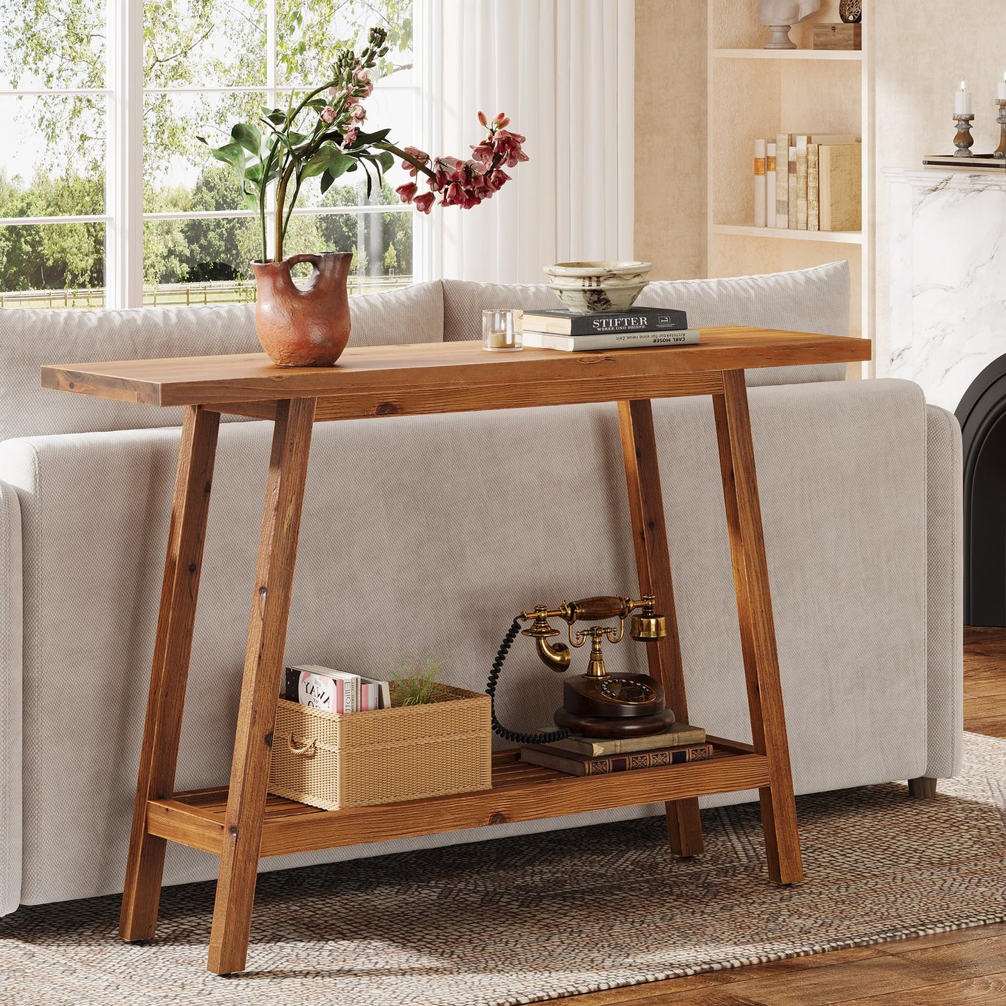 Solid Wood Console Table, 41.3" Rustic Entryway Table with Storage Shelf, 2 Tiers Narrow Skinny Couch Table Behind Sofa for Hallway, Entrance, Foyer, Living Room, Brown (Brown)