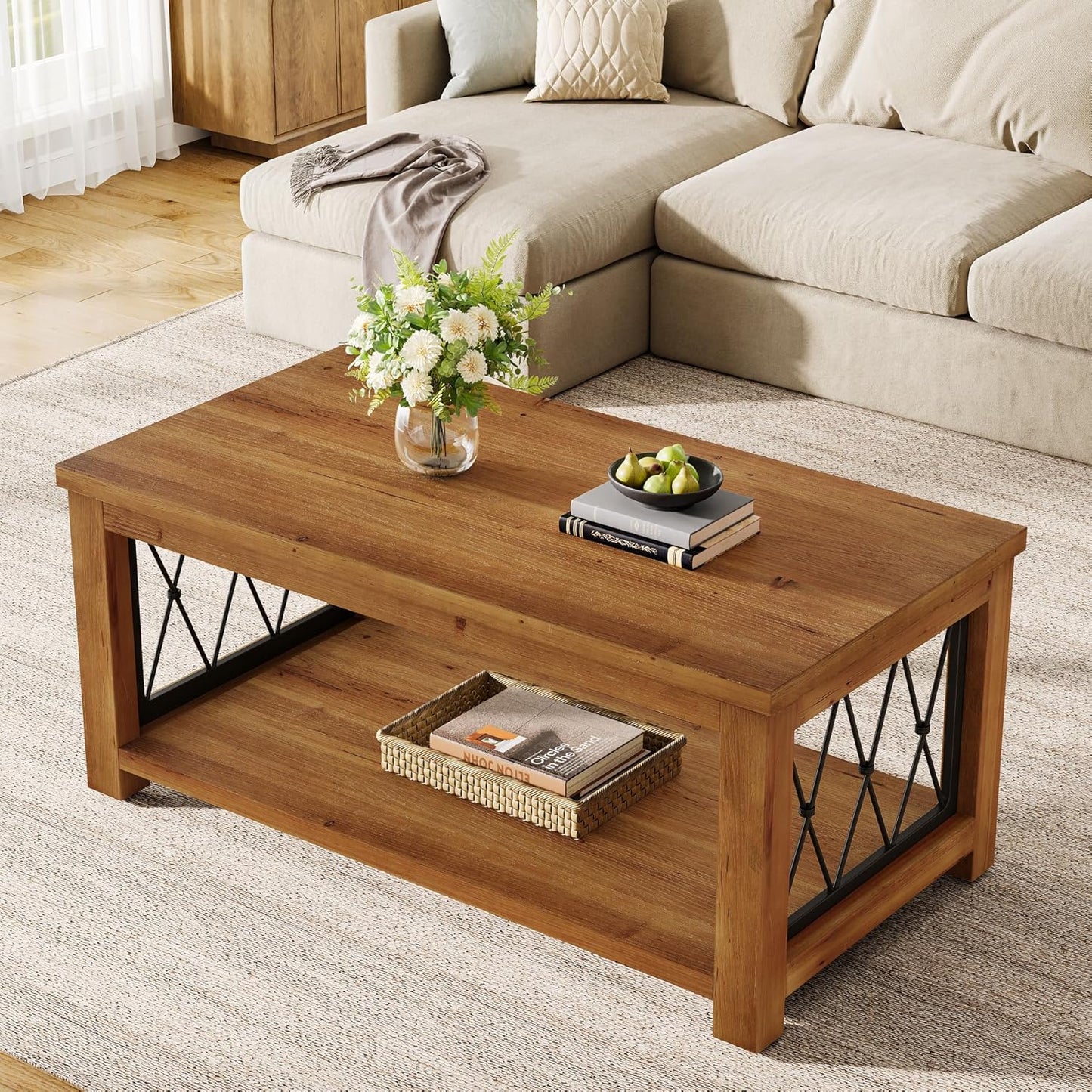 47.2" Solid Wood Coffee Table, 2-Tier Storage Design, Farmhouse Rectangular Center Cocktail Table, Rhomboid Metal Frame, for Living Room, Office, Balcony, Easy Assembly