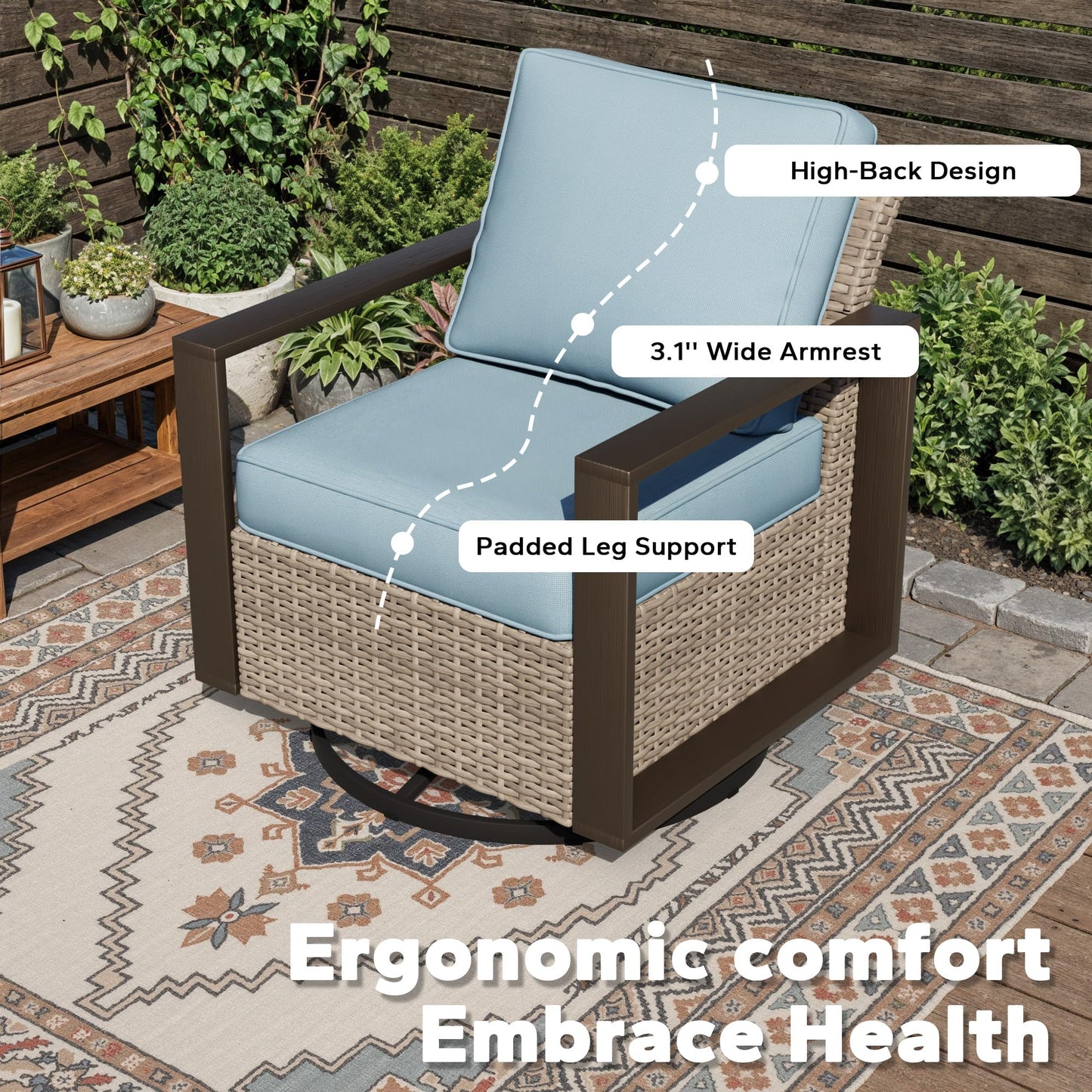 Joyside Outdoor Patio Swivel Rocker Chairs, 3 Pieces Wicker Furniture Set, 2 Swivel Rocking Chairs and 1 Table, Metal Wide Armrest, Thick Cushions and Deep Seating for Garden, Backyard, Porch, Deck