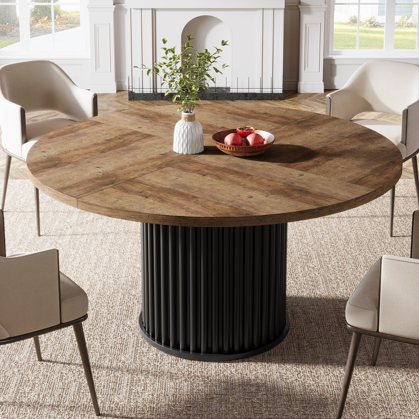 Tribesigns 47.24-Inch Black Round Dining Table for 4-6 People, Modern Fluted MDF + Metal Base Kitchen Table, Sturdy Circle Dining Room Furniture, Black