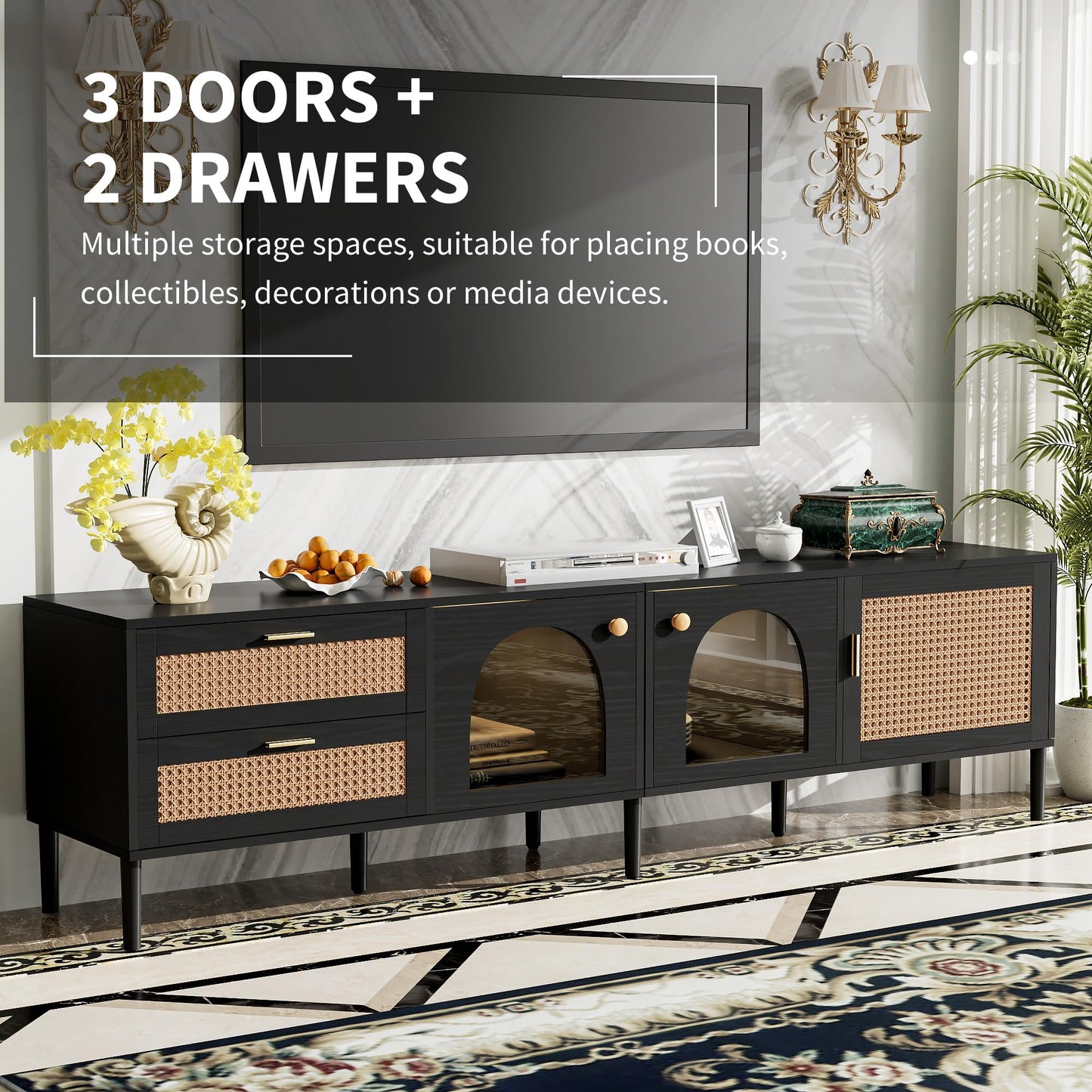 LKTART 67" Mid Century Modern TV Stand for 65/70/75/80" TVs,Entertainment Center with Sliding Doors and Drawers,Media Console for Living Room