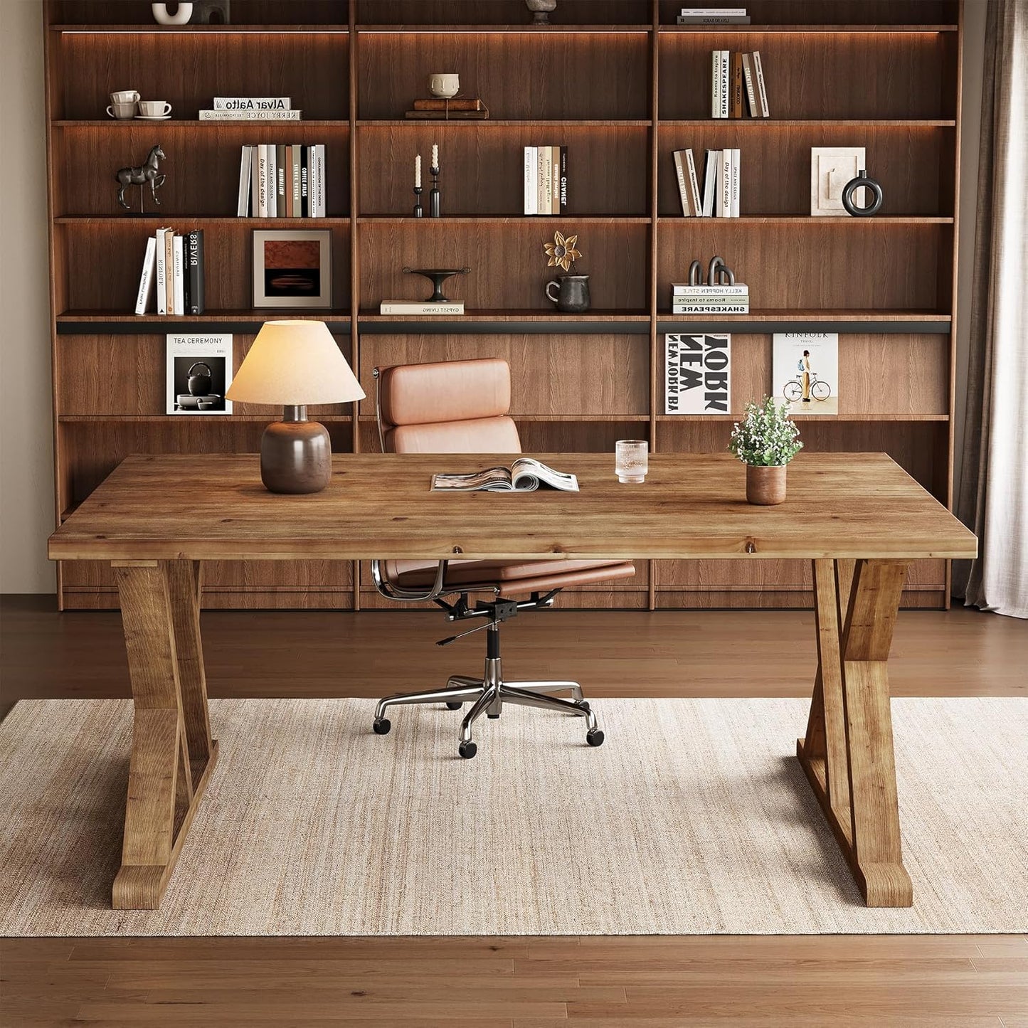63" Solid Wood Executive Desk for Home Office, Farmhouse Wooden Large Office Computer Desk, Writing Study Table Business Workstation with X Shaped Legs, Rustic Brown