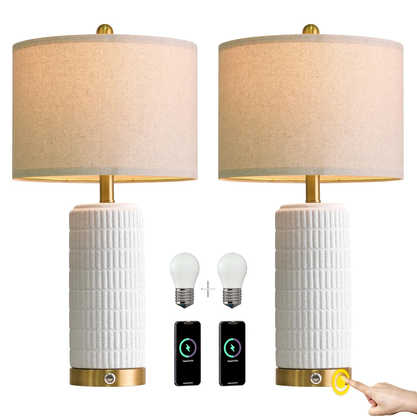 PoKat Touch Bedside Table Lamps with USB Ports for Bedroom Living Room, 25'' Dimmable Nightstand Touch Lamps for Living Room, Modern Ceramic Lamps for Night Stands Bedroom, Office, White and Beige