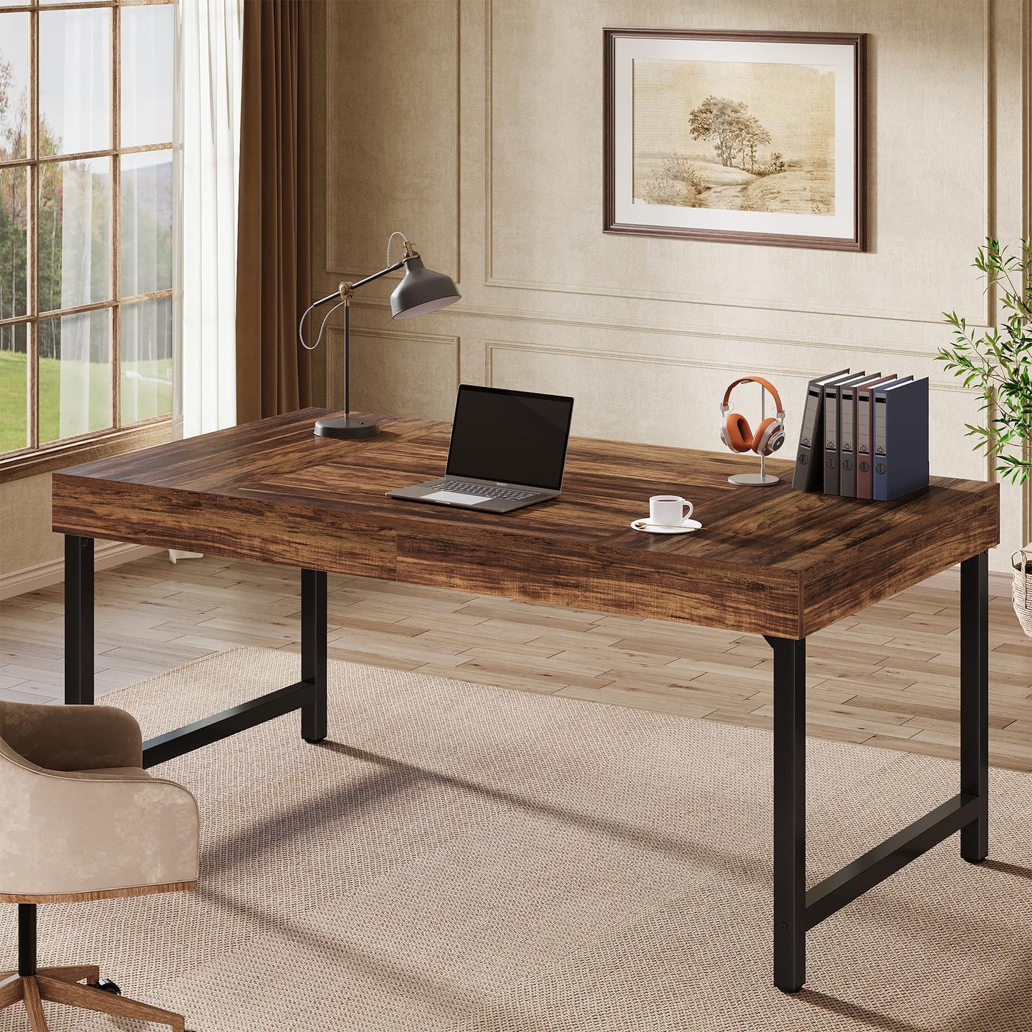 Tribesigns 55" Industrial Executive Desk for Home Office, Rustic Simple Computer Laptop Desk with Strong Metal Legs, Study Writing Table Business Workstation, Small Conference Table