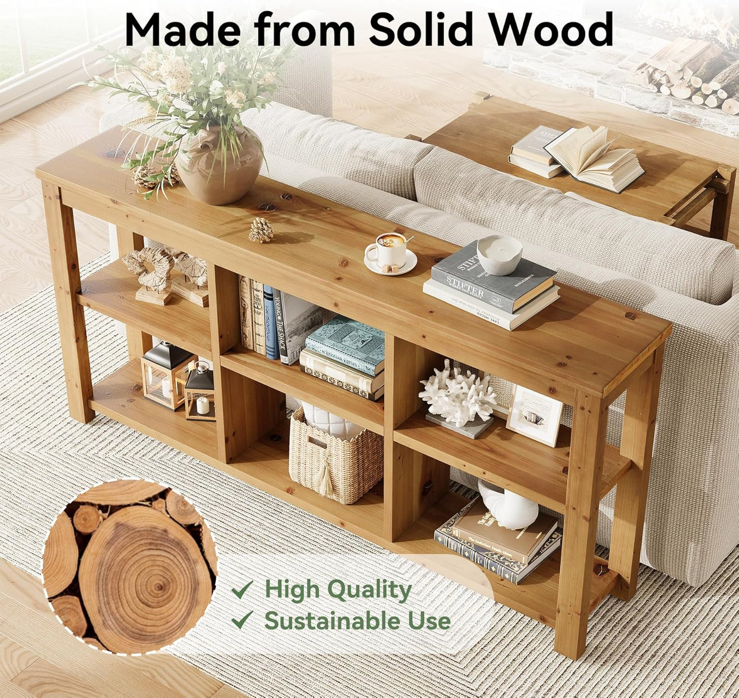 63-Inch Solid Wood Console Table for Entryway, 3-Tier Long Farmhouse Sofa Table with 6 Storage Cubes for Living Room, Hallway, Brown