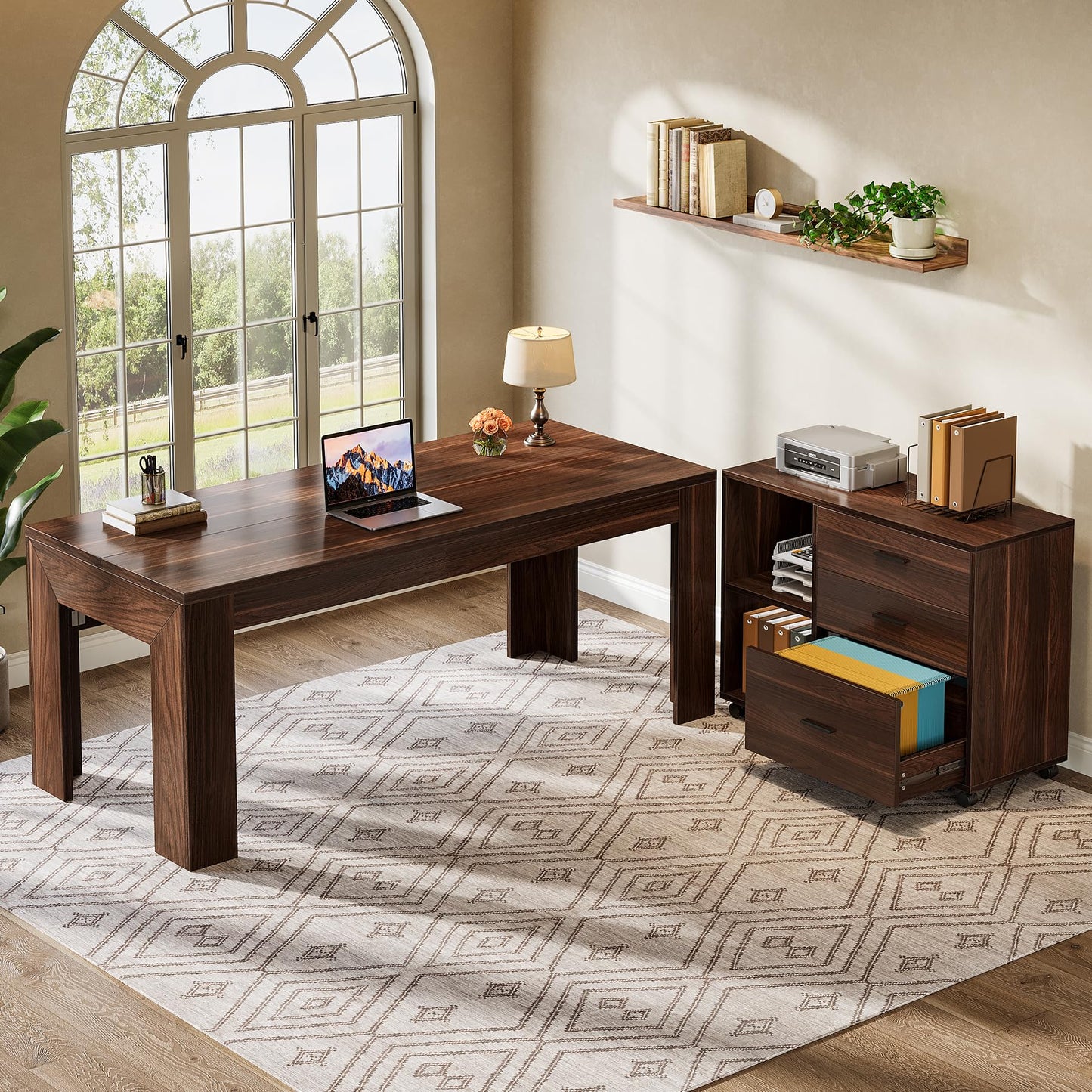 Tribesigns 63" L Shaped Desk with Storage, Executive Office Desk with Rolling File Cabinet Combo, Large Computer Table with Drawers and Shelves, Business Furniture Set for Home Office, Brown