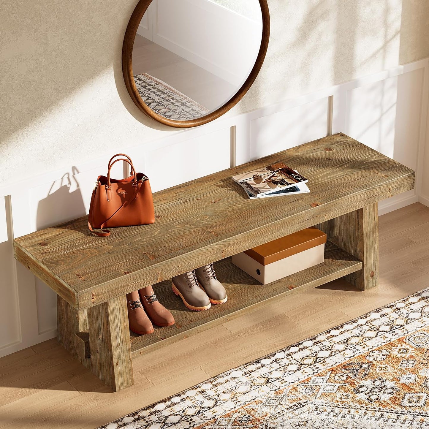63'' Solid Wood Entryway Bench with Open Shelves, 2-Tier End of Bed Bench, Farmhouse Wooden Bench Indoor for Dining Room, Living Room, Hallway, Bedroom