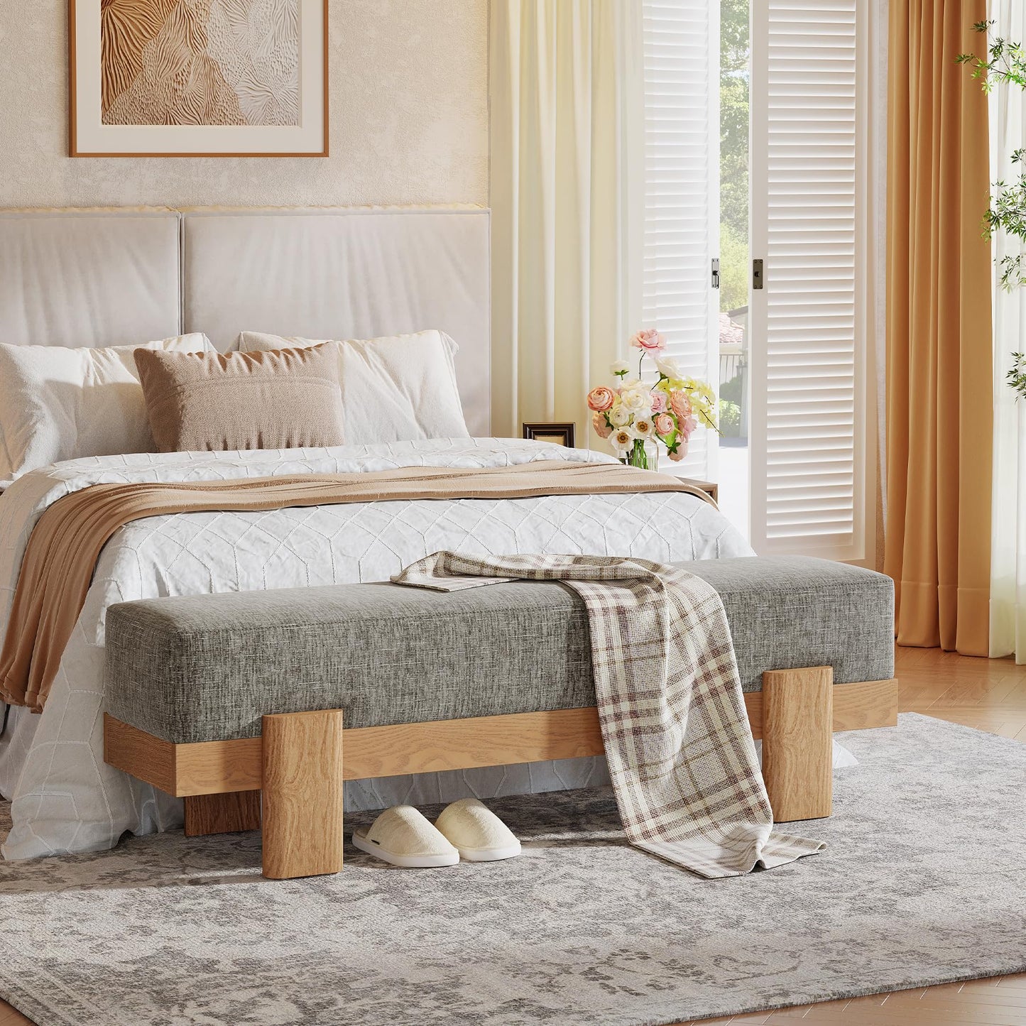 Tribesigns 55-Inch Upholstered Entryway Bench, Modern Shoe Bench with Ultra-Plush Thick Cushion and MDF Frame, End of Bed Stool Long Ottoman for Entrance, Living Room (Beige & Oak)