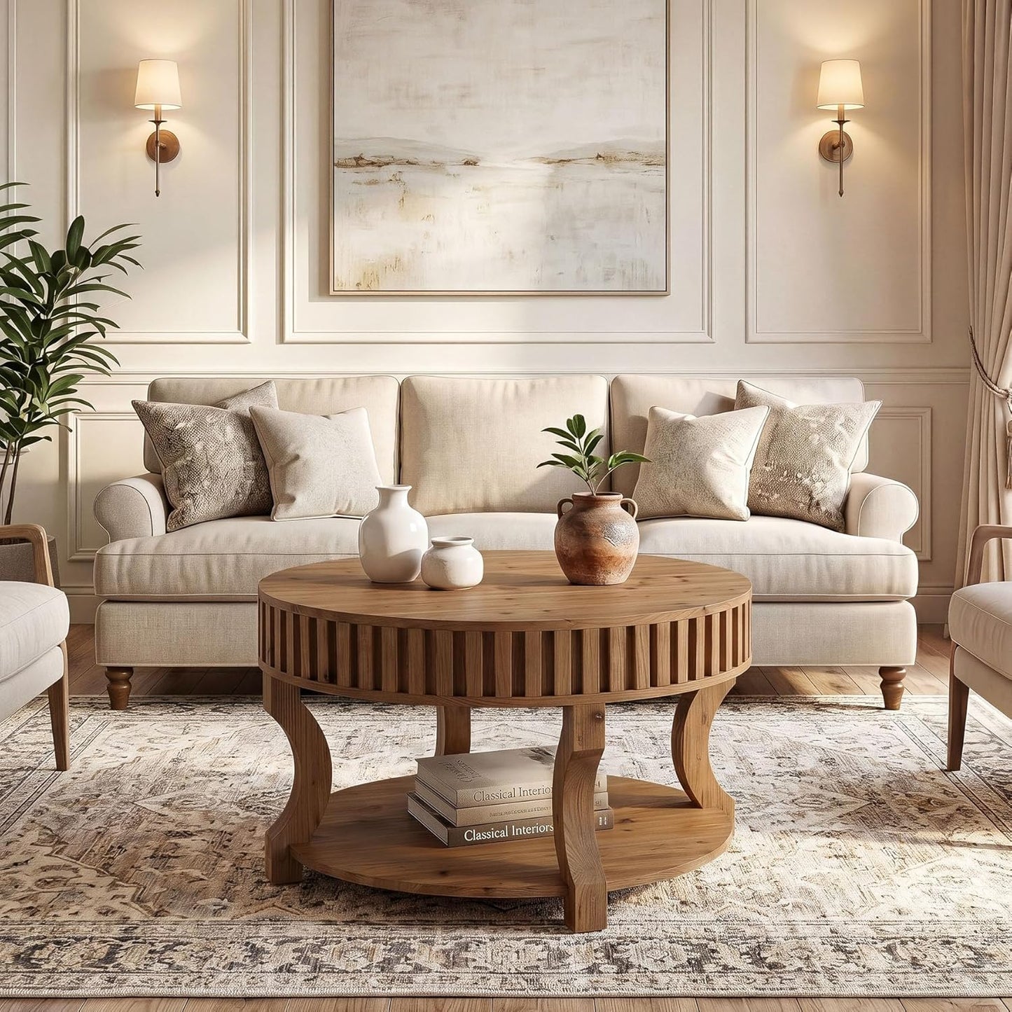 31.5 Inch Round Coffee Table, Farmhouse 2-Tier Center Table with Storage, Fluted Solid Wood Cocktail Table for Living Room (Brown)