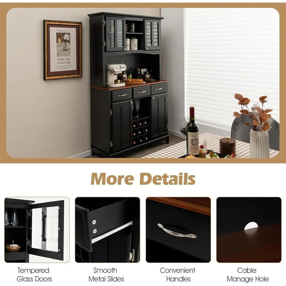 Kitchen Hutch Cabinet with Storage Island, Serving Buffet, 3 Drawers & 9 Bottle Rack (Black)