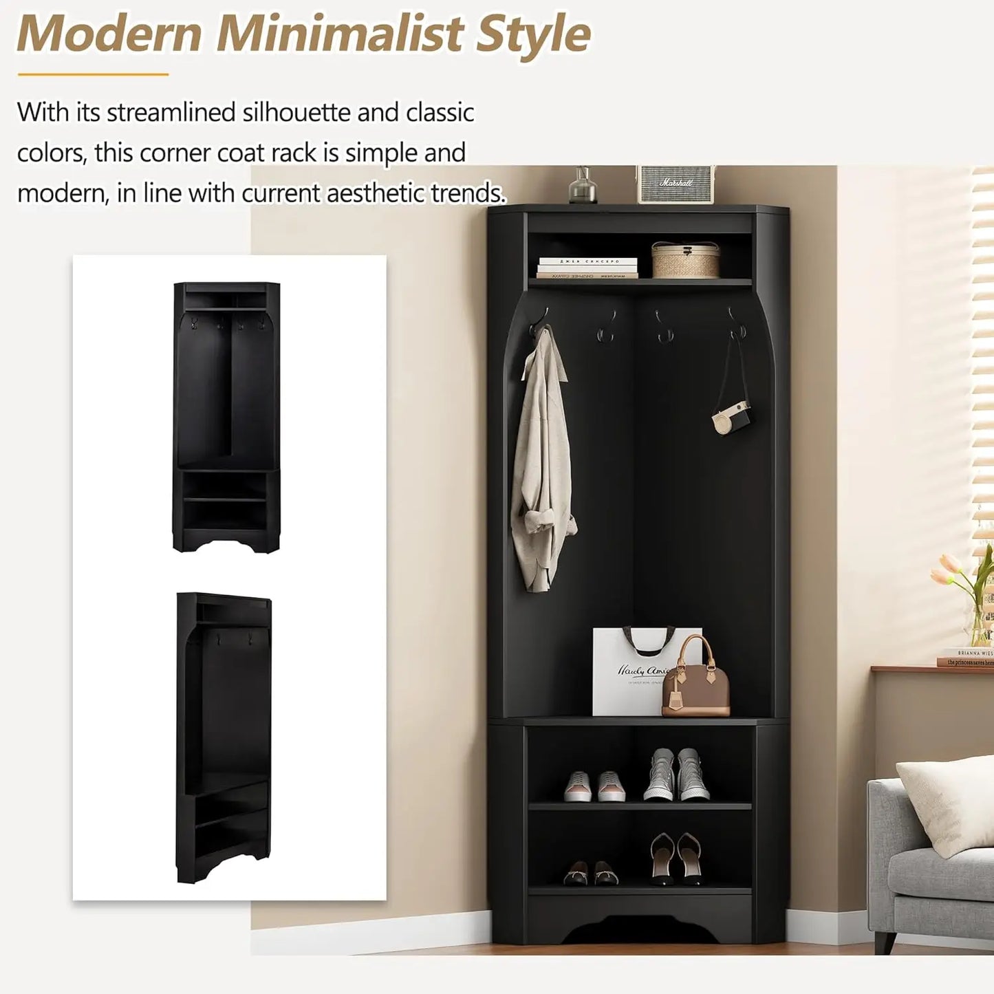 Corner Hall Tree with Bench and Shoe Storage, Modern Entryway Bench with Coat Rack and Adjustable Shelf for Hallway, Living Room