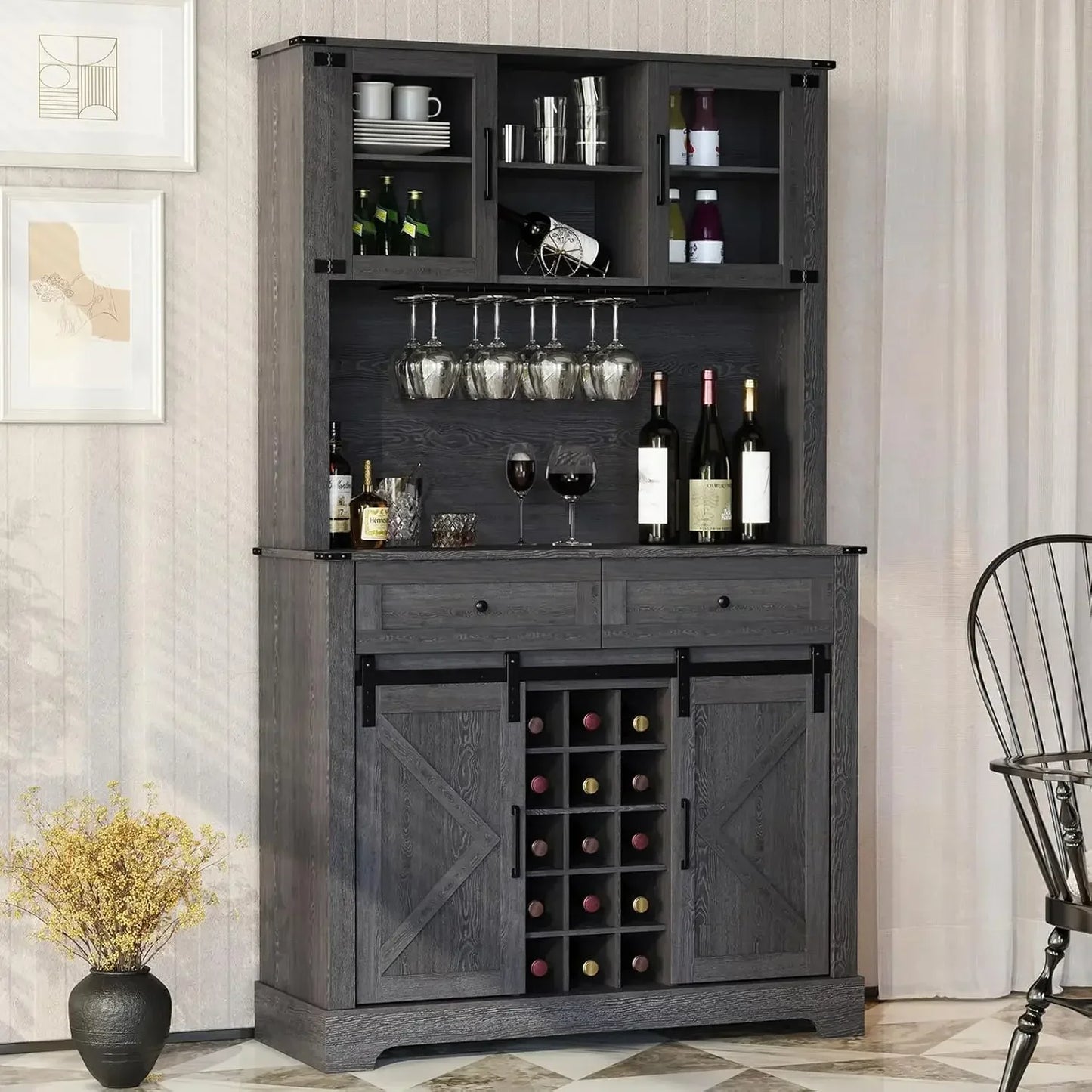 Tall Farmhouse Kitchen Pantry Buffet Wine Bar Cabinet with Sliding Barn Door And Wine Glass Rack for Storage And Customized