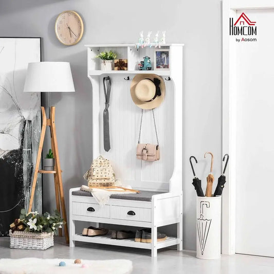 3-in-1 White Entryway Bench with Coat Rack, Shoe Storage, and Padded Seat Cushions