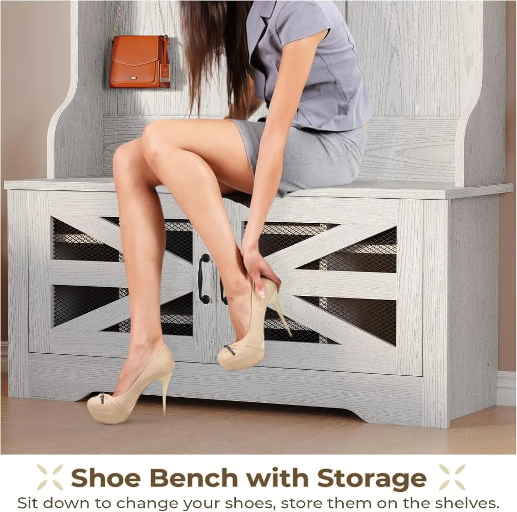 5-in-1 Entryway Bench with Coat Rack, Shoe Storage, LED Lights & Adjustable Shelf - White Hall Tree for Home Organization