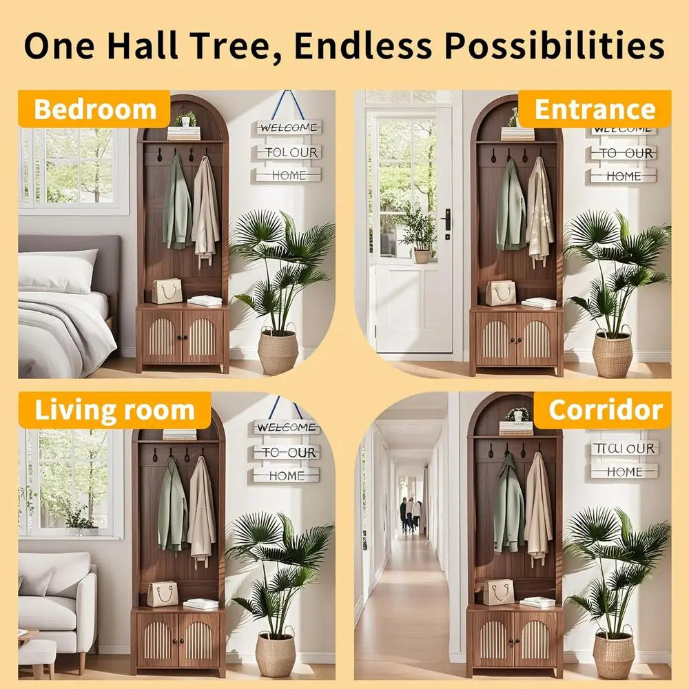 Walnut Entryway Bench with Coat Rack and Shoe Storage, 70.9 Arch Rack, 4 Hooks, 2 Luted Doors