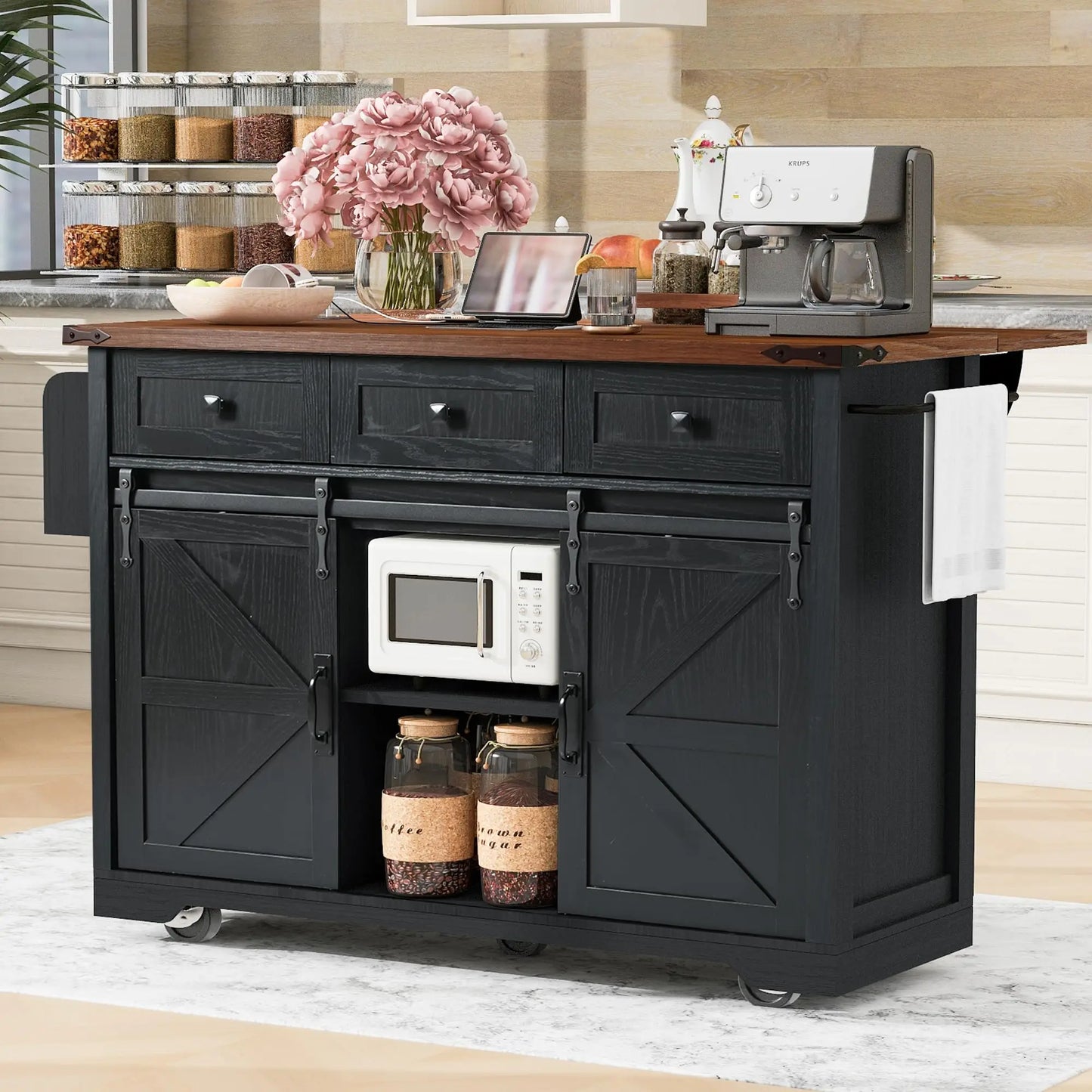 53.7" Farmhouse Kitchen Island With Power Outlet and Sliding Barn Doors,Rolling Cart With Drawers and Spice Rack for Dining Room