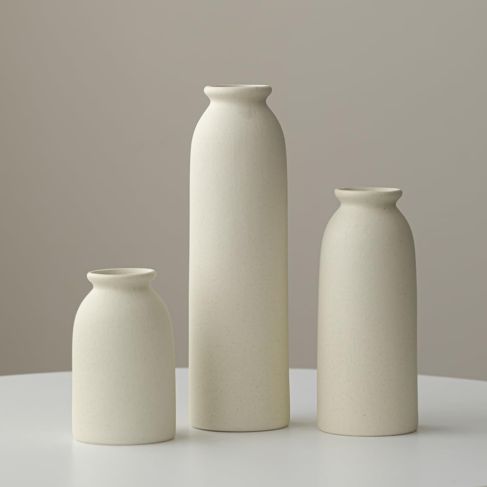 10.4 inches Tall Decorative Ceramic Vase Set, 3 Pieces, Nordic Modern Boho Style, White, Modern Farmhouse for Home Decor (Coffee Mix)