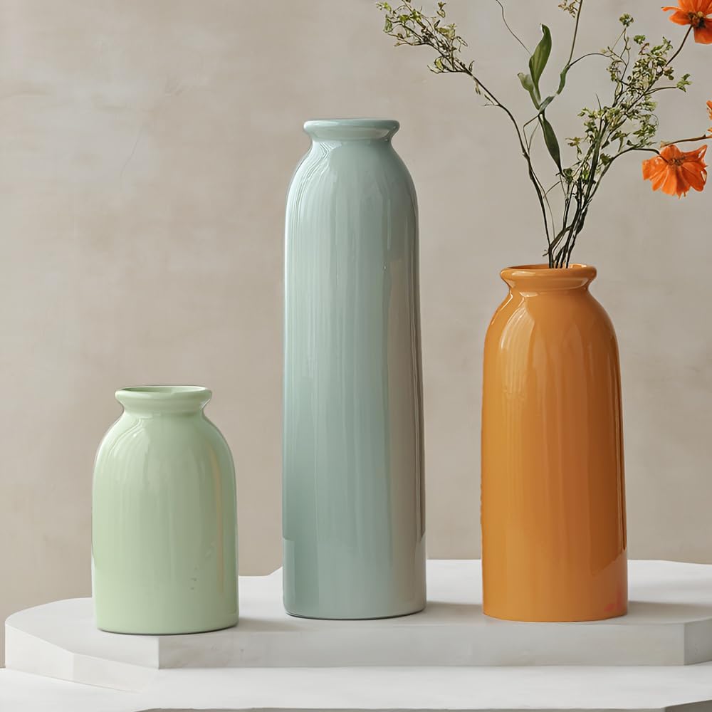 10.4 inches Tall Decorative Ceramic Vase Set, 3 Pieces, Nordic Modern Boho Style, White, Modern Farmhouse for Home Decor (Coffee Mix)