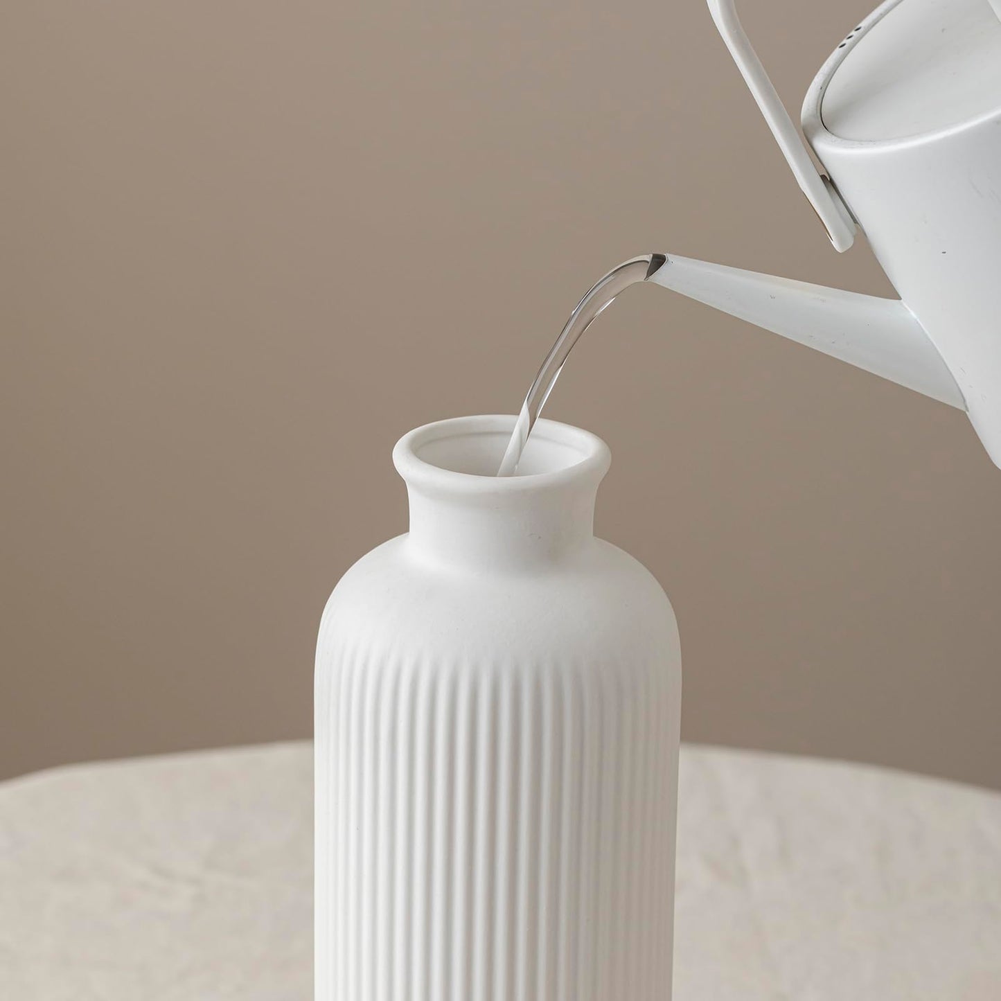 White Ribbed Ceramic Vase for Flowers, Modern Textured Decorative Vase, 10 Inch Tall, Farmhouse Style Home Decor (Matte Glaze White)
