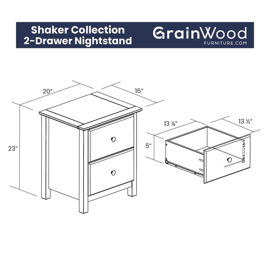 Grain Wood Furniture Shaker 2-Drawer Bedside Nightstand, Solid Wood with Walnut Finish