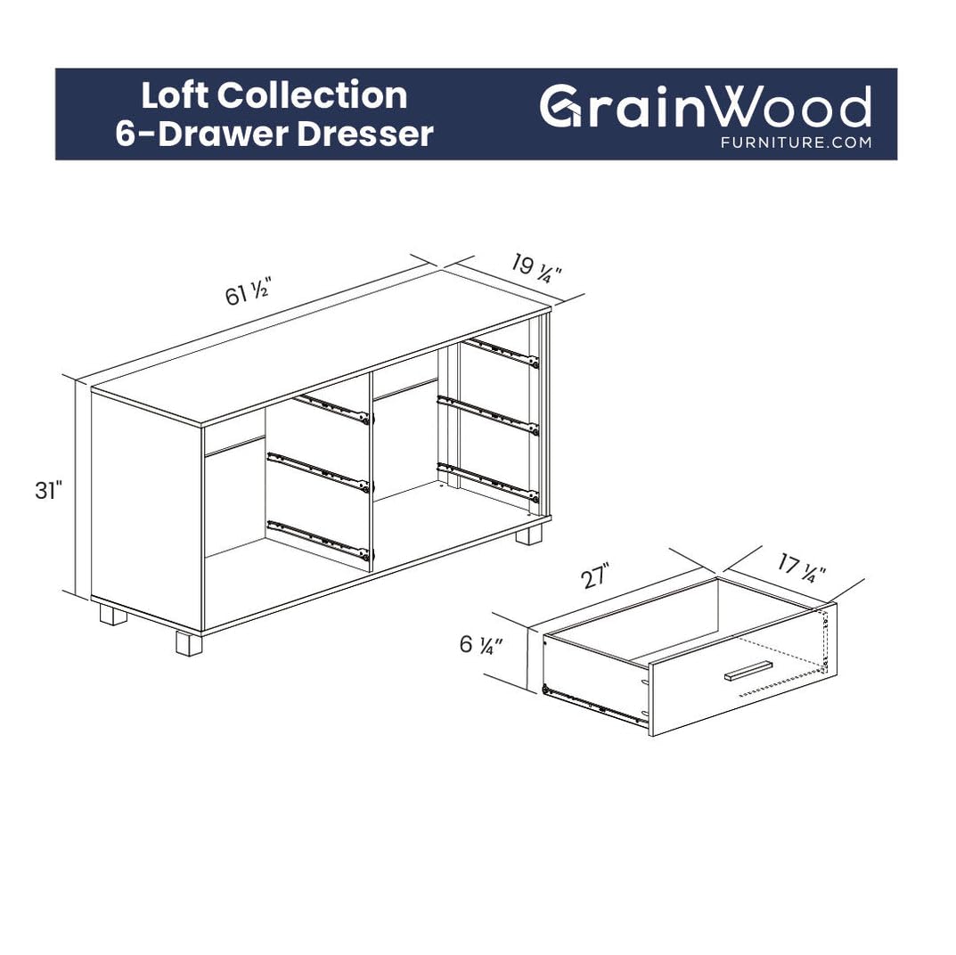 Grain Wood Furniture Loft 6-Drawer Dresser, Solid Wood with Weathered Pine Finish