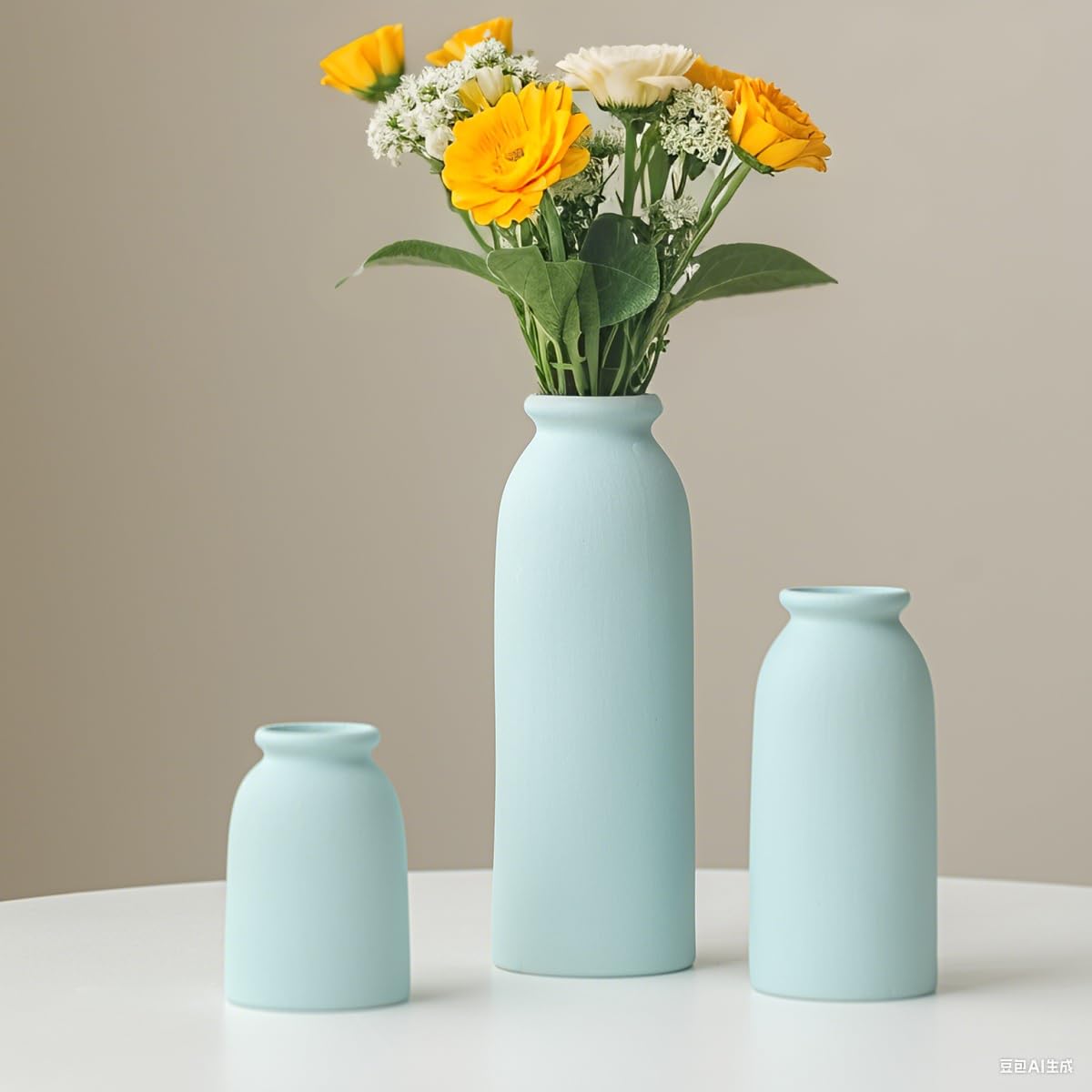 Ceramic Vase Set-3, Small Flower Vases for Decor, Modern Boho Farmhouse Style, Decorative Vases for Pampas Grass & Dried Flowers, Distressed Finish (Beige)