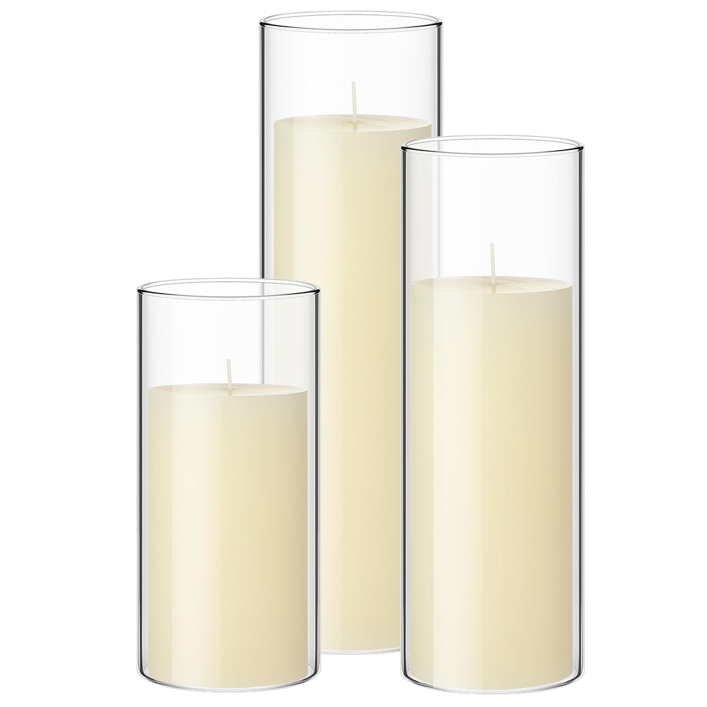Shihanee Set of 3 Pillar Candles and 3 Glass Cylinder Candle Vases Holders Clear Pillar Jars for Wedding Centerpieces(3'' x 5.9'', 7.9'', 9.8'',Ivory White)