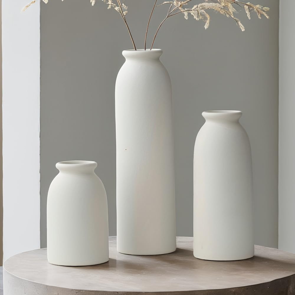 10.4 inches Tall Decorative Ceramic Vase Set, 3 Pieces, Nordic Modern Boho Style, White, Modern Farmhouse for Home Decor (Coffee Mix)