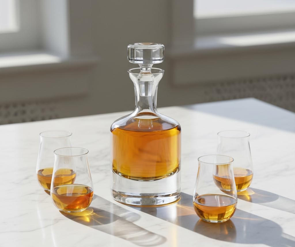 Whiskey Decanter Set, Made in Europe, 100% Lead-Free Crystal, Gift-Boxed, 1 Decanter & 4 Double Old Fashioned Glasses (Scotch Decanter Set)