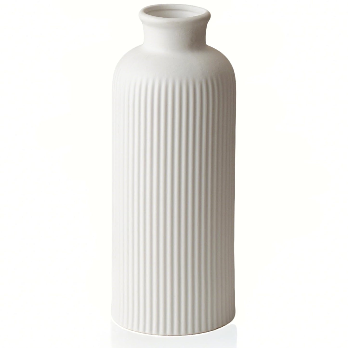 White Ribbed Ceramic Vase for Flowers, Modern Textured Decorative Vase, 10 Inch Tall, Farmhouse Style Home Decor (Matte Glaze White)
