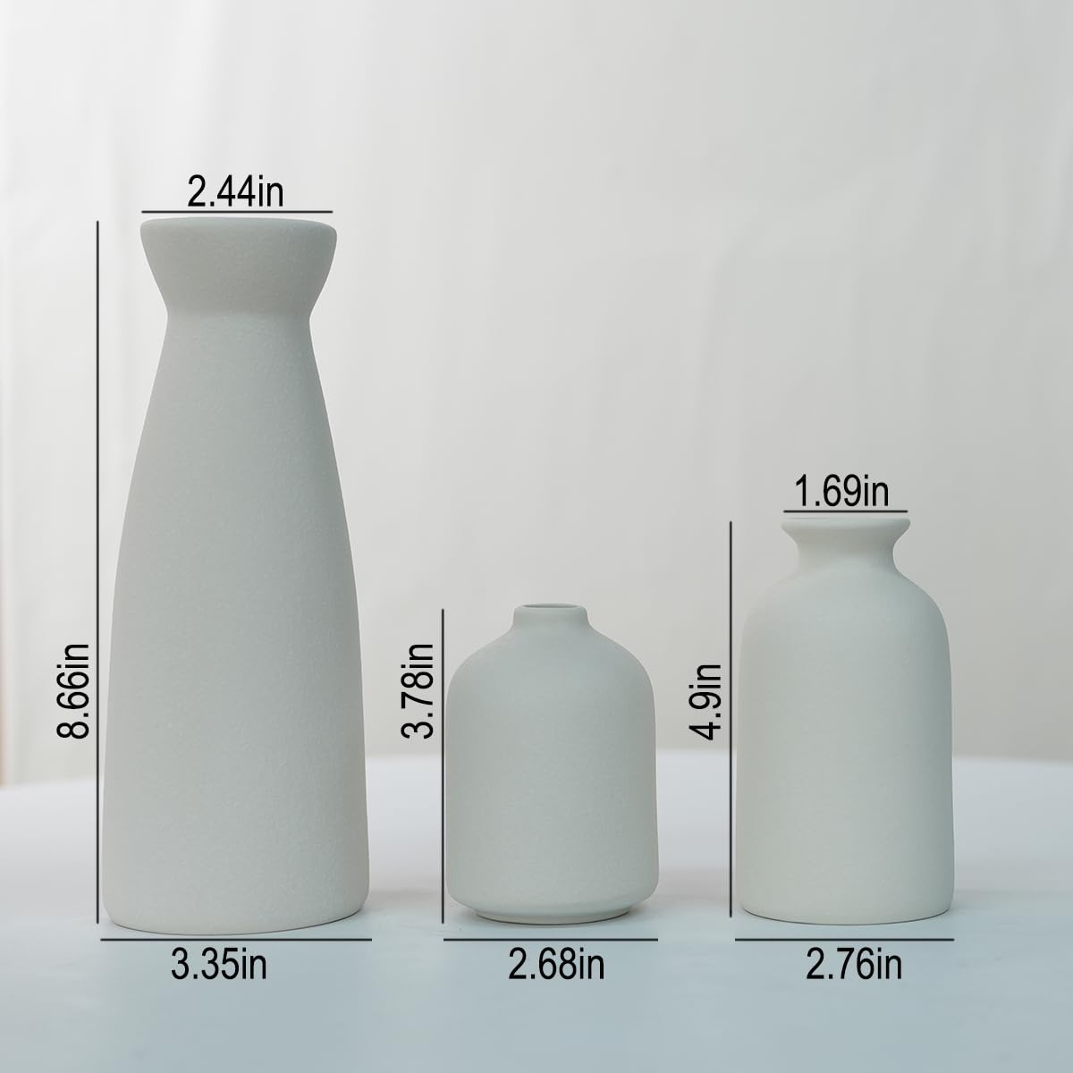 Distressed Ceramic Vase Set of 3, Modern Bohemian Farmhouse Home Decor, Pampas Grass Dried Flowers Vases for Living Room, Dining Room, Bedroom, Kitchen, Bathroom, Office, Entryway (White)