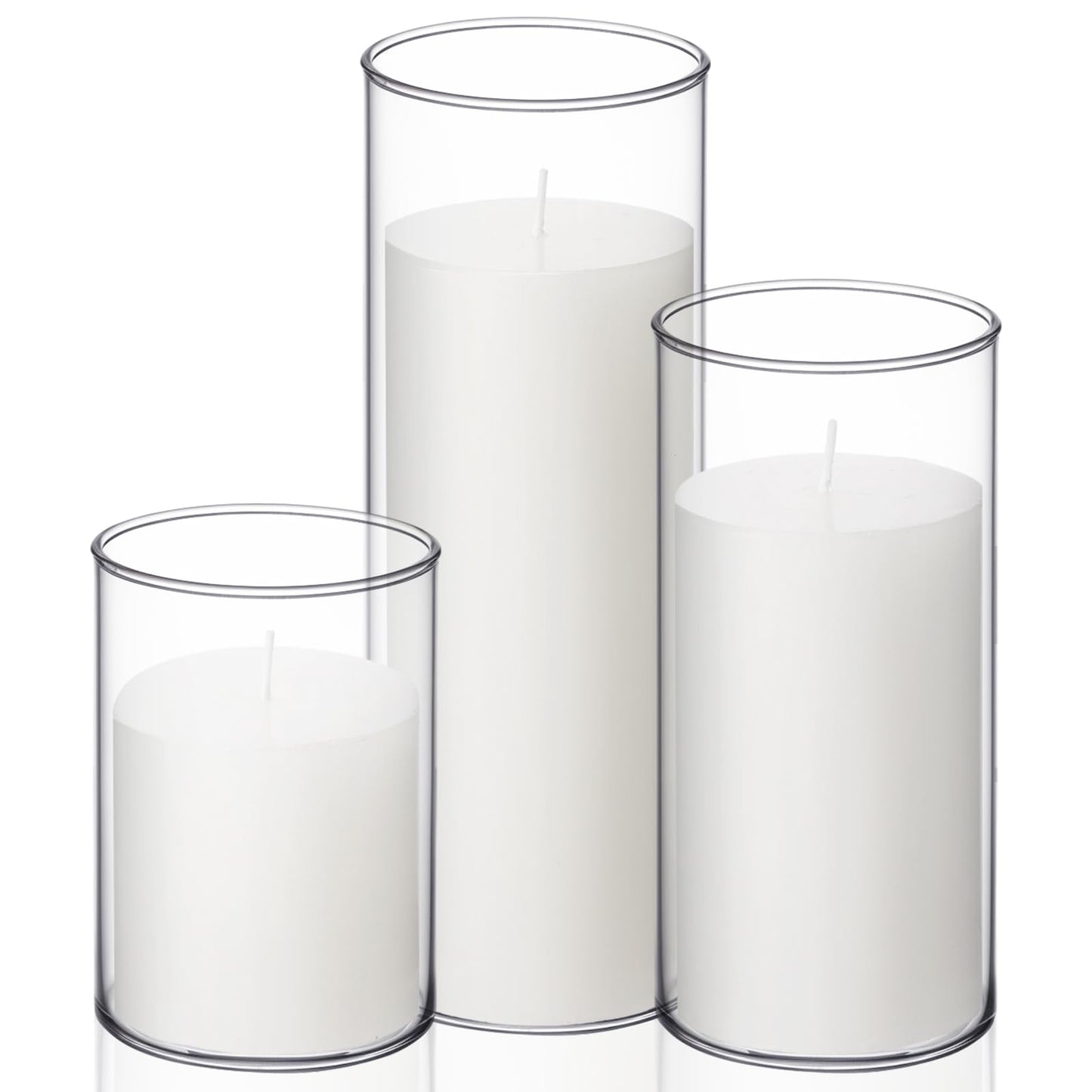 Shihanee Set of 3 Pillar Candles and 3 Glass Cylinder Candle Vases Holders Clear Pillar Jars for Wedding Centerpieces(3'' x 5.9'', 7.9'', 9.8'',Ivory White)