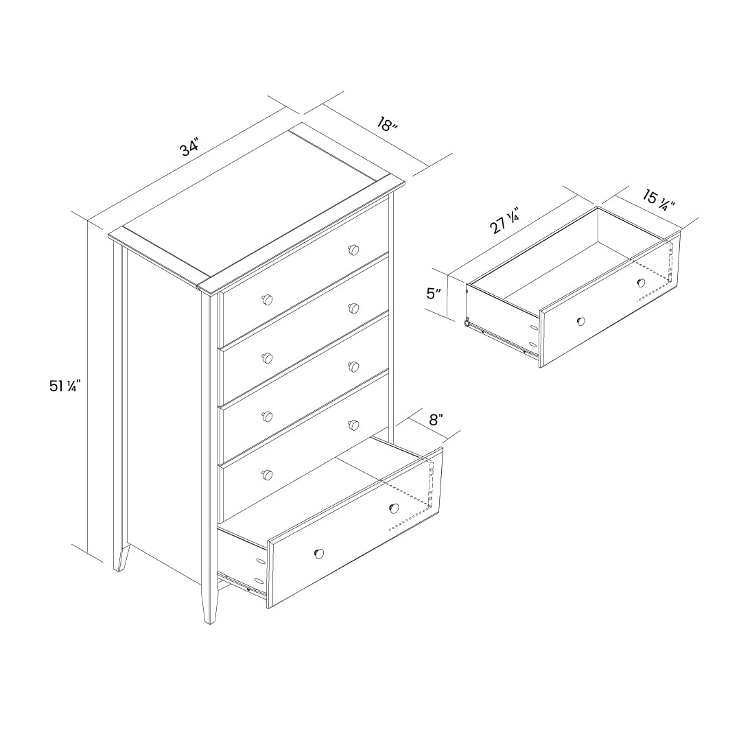 Grain Wood Furniture Greenport 5-Drawer Chest, Solid Wood with Brushed Walnut Finish