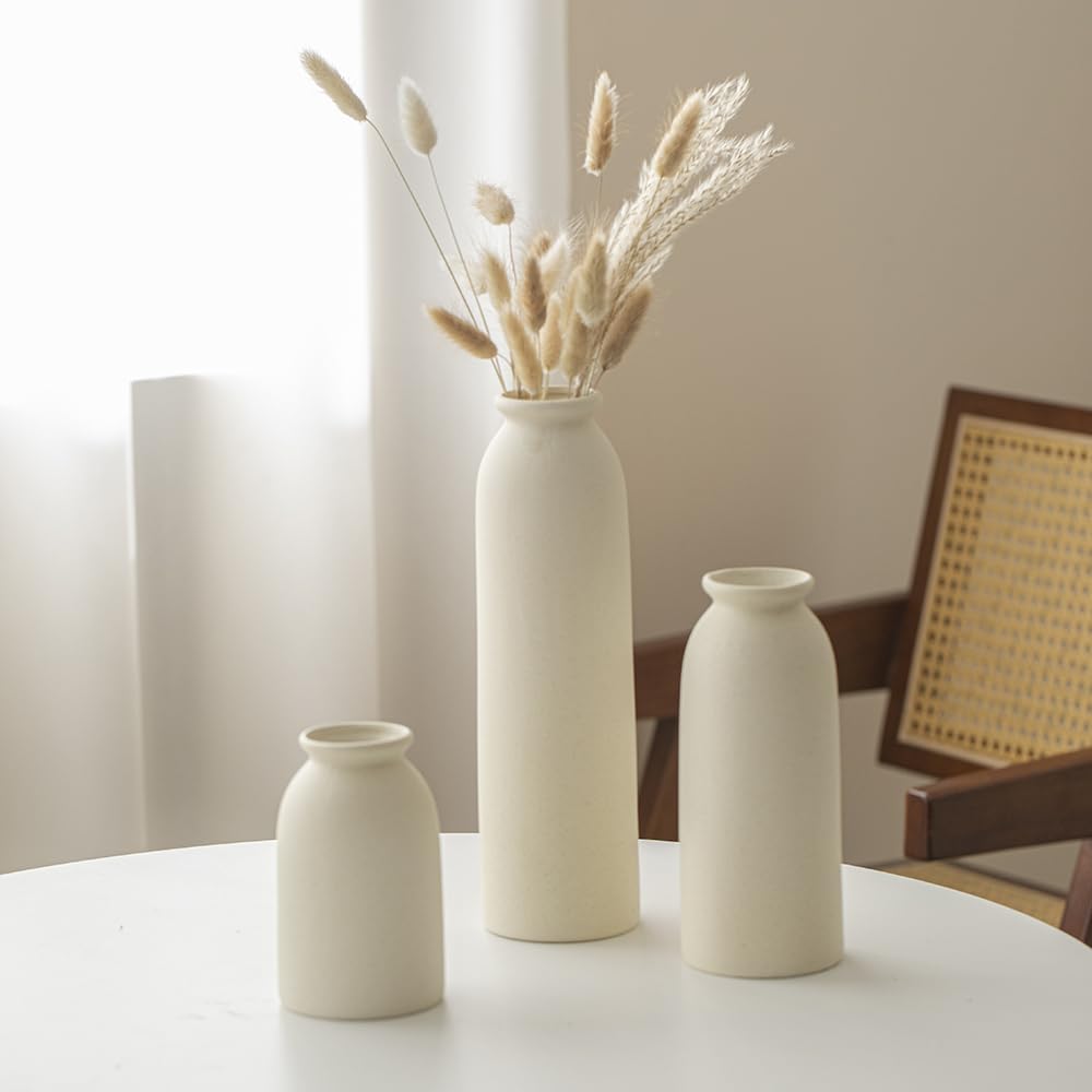 10.4 inches Tall Decorative Ceramic Vase Set, 3 Pieces, Nordic Modern Boho Style, White, Modern Farmhouse for Home Decor (Coffee Mix)