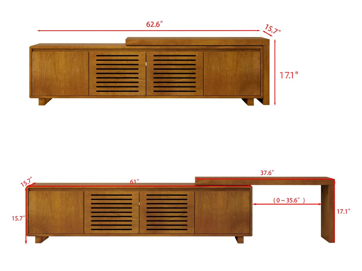 LKTART Mid Century Modern Rattan TV Stand for 65 Inch TV,59" Boho Media Console with Sliding Doors & Open Shelves,Solid Wood Legs for Living Room,Light Walnut