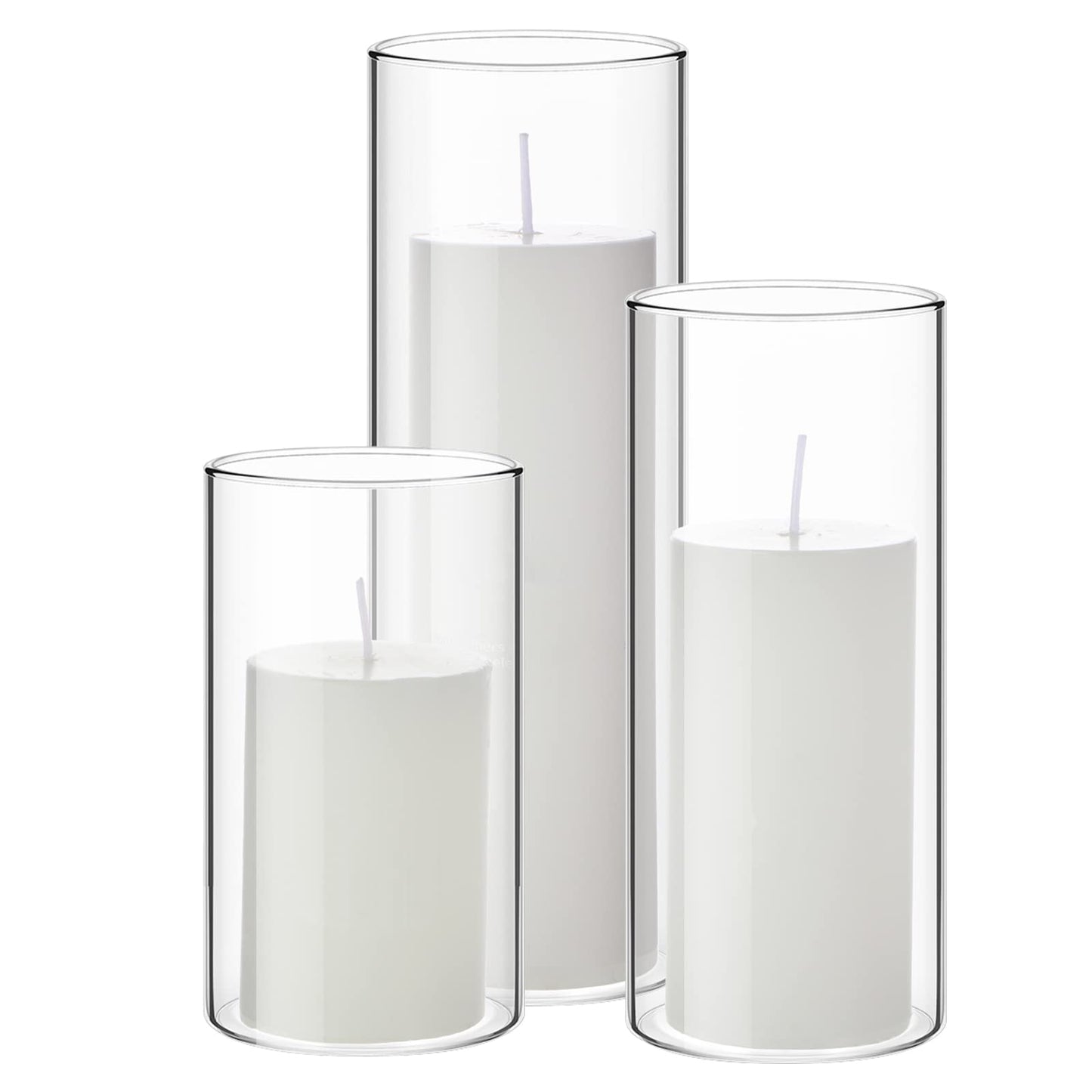 Shihanee Set of 3 Pillar Candles and 3 Glass Cylinder Candle Vases Holders Clear Pillar Jars for Wedding Centerpieces(3'' x 5.9'', 7.9'', 9.8'',Ivory White)