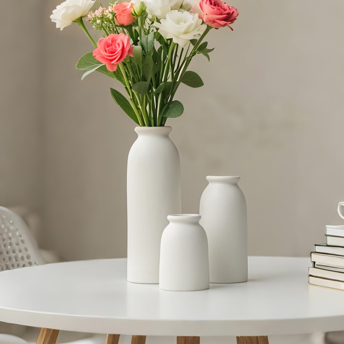 Ceramic Vase Set-3, Small Flower Vases for Decor, Modern Boho Farmhouse Style, Decorative Vases for Pampas Grass & Dried Flowers, Distressed Finish (Beige)