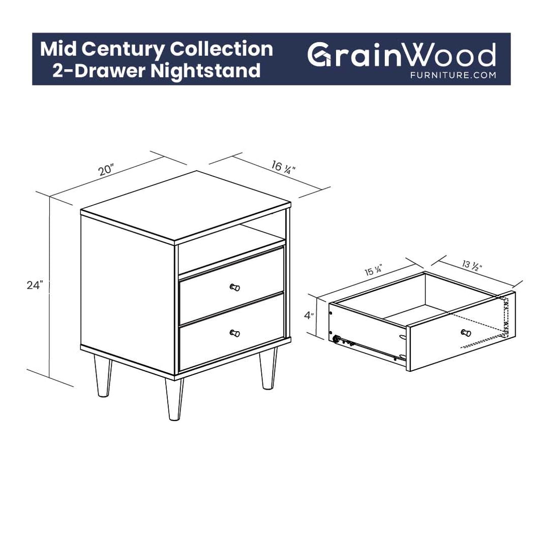 Grain Wood Furniture Mid Century 2-Drawer Nightstand, Solid Wood with a Brushed Walnut Finish