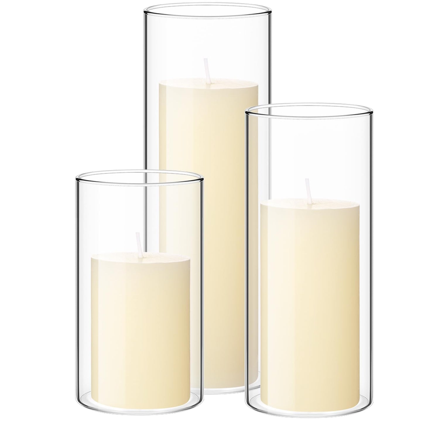 Shihanee Set of 3 Pillar Candles and 3 Glass Cylinder Candle Vases Holders Clear Pillar Jars for Wedding Centerpieces(3'' x 5.9'', 7.9'', 9.8'',Ivory White)