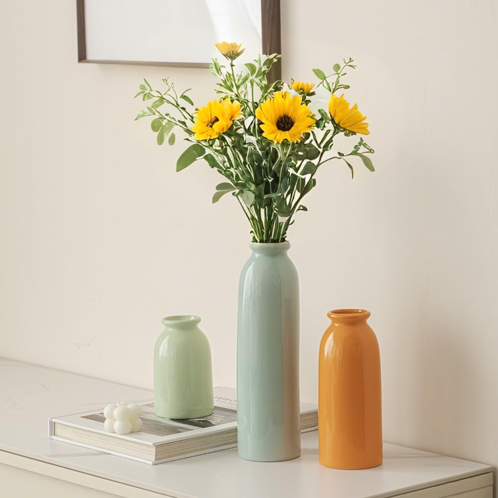 10.4 inches Tall Decorative Ceramic Vase Set, 3 Pieces, Nordic Modern Boho Style, White, Modern Farmhouse for Home Decor (Coffee Mix)