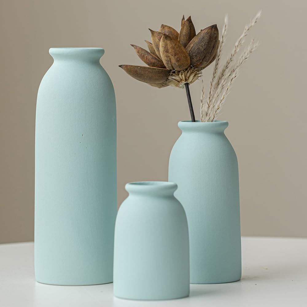 Ceramic Vase Set-3, Small Flower Vases for Decor, Modern Boho Farmhouse Style, Decorative Vases for Pampas Grass & Dried Flowers, Distressed Finish (Beige)