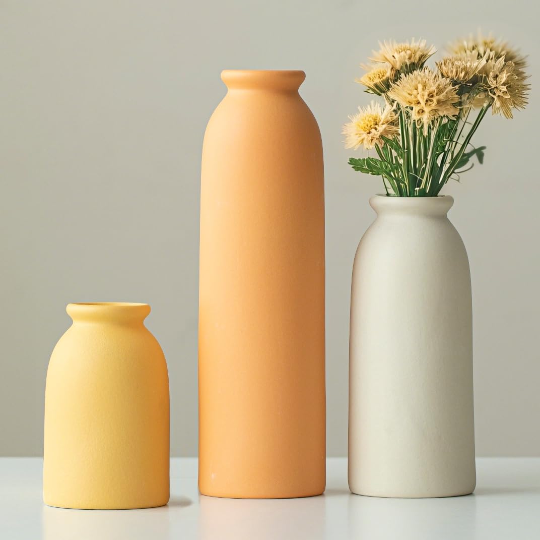 10.4 inches Tall Decorative Ceramic Vase Set, 3 Pieces, Nordic Modern Boho Style, White, Modern Farmhouse for Home Decor (Coffee Mix)