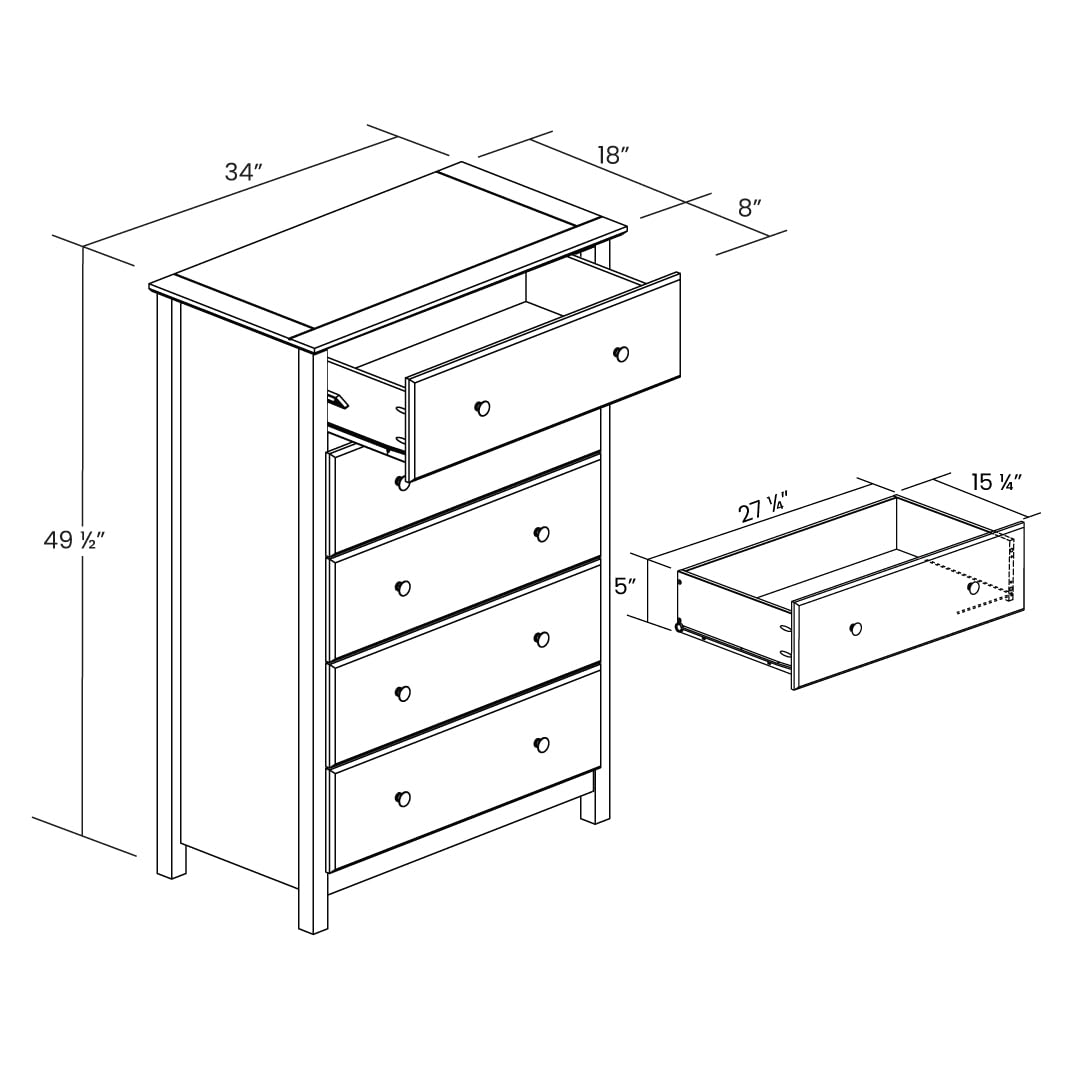 Grain Wood Furniture Shaker 5-Drawer Chest, Solid Wood with a Cherry Finish