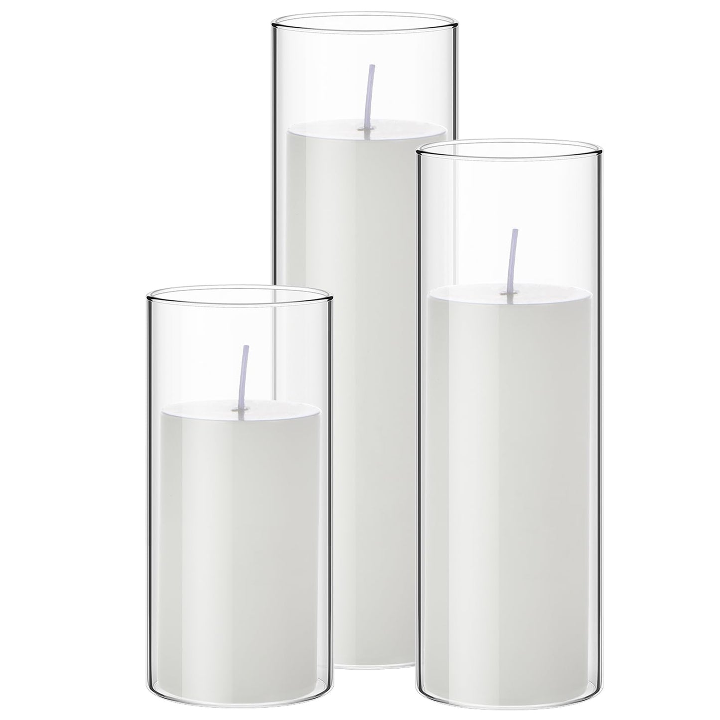 Shihanee Set of 3 Pillar Candles and 3 Glass Cylinder Candle Vases Holders Clear Pillar Jars for Wedding Centerpieces(3'' x 5.9'', 7.9'', 9.8'',Ivory White)