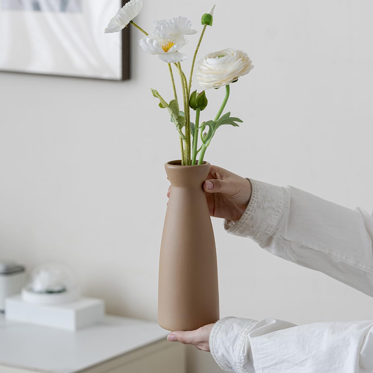 Distressed Ceramic Vase Set of 3, Modern Bohemian Farmhouse Home Decor, Pampas Grass Dried Flowers Vases for Living Room, Dining Room, Bedroom, Kitchen, Bathroom, Office, Entryway (White)