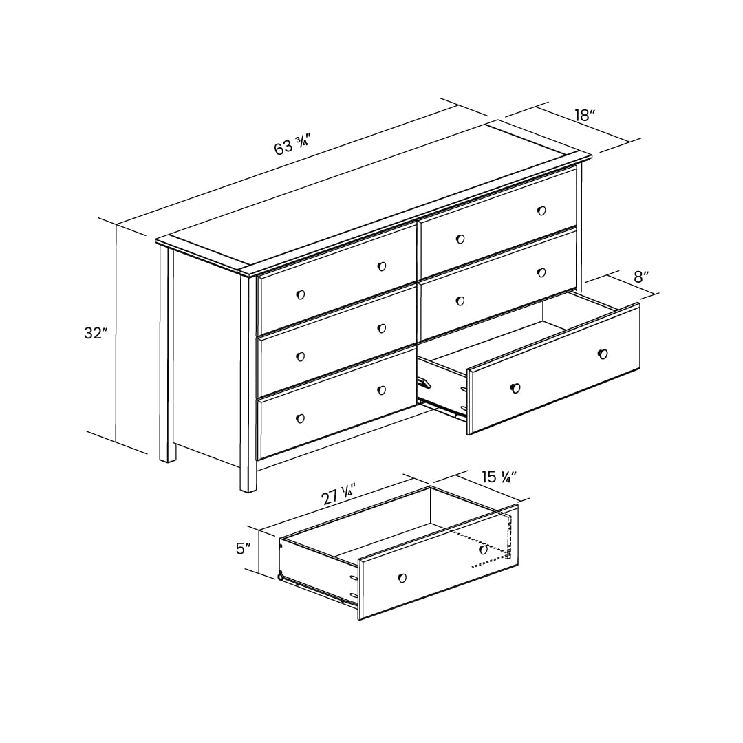 Grain Wood Furniture Shaker 6-Drawer Dresser, Solid Wood with a Walnut Finish