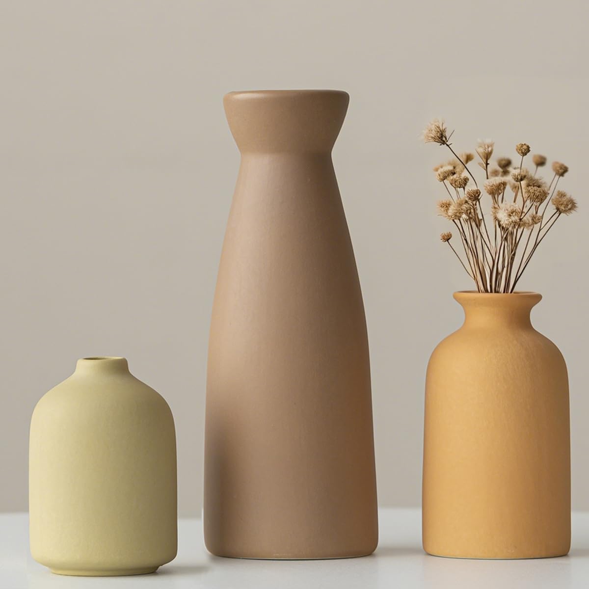 Distressed Ceramic Vase Set of 3, Modern Bohemian Farmhouse Home Decor, Pampas Grass Dried Flowers Vases for Living Room, Dining Room, Bedroom, Kitchen, Bathroom, Office, Entryway (White)